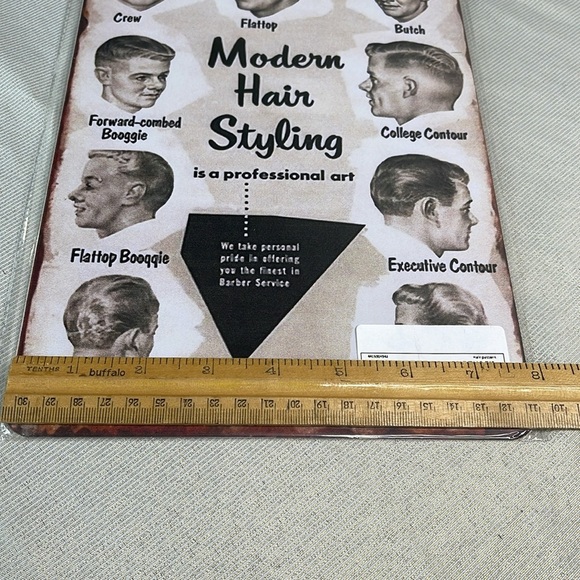 Vintage Vibe NWT 50s Men's Hair Styling Tin Metal Sign Barbershop Black White - Picture 4 of 6